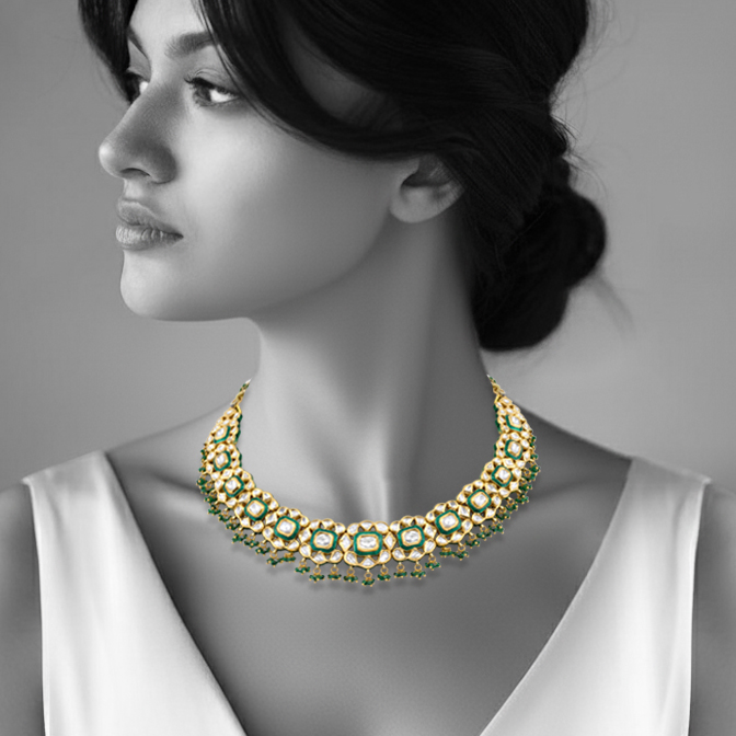 Green Enamel Polki Necklace with Emerald Beads